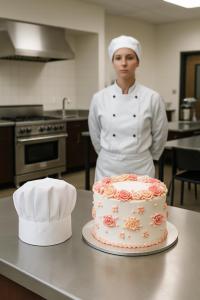 Image Description: A woman stands in a starkly white modern kitchen, centered behind a single round cake on angle iron top...