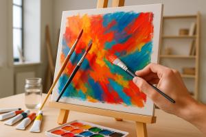 A person's hand creating a colourful abstract painting on a white canvas, held on a wooden easel, with brushes, water, and...